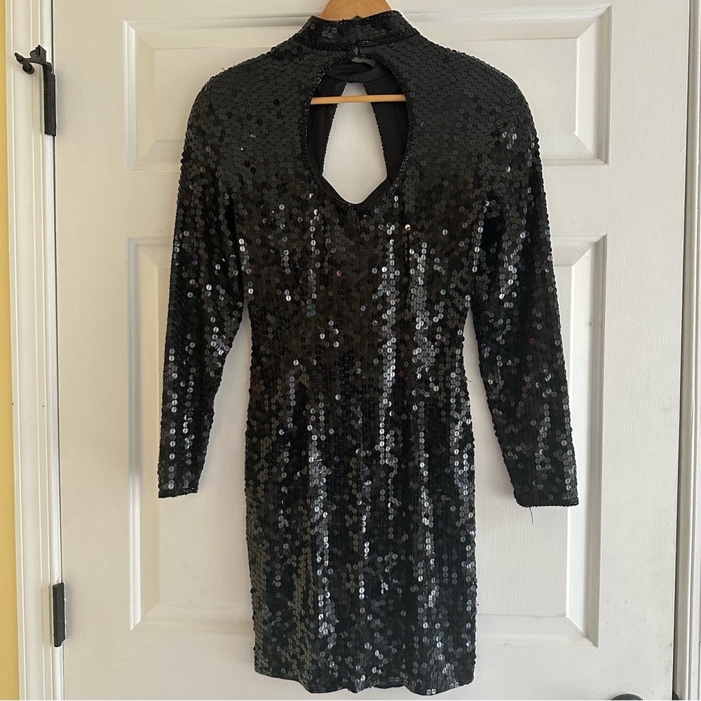 Vintage NiteLine‎ Black Sequin Keyhole High Heart Neck Mini Dress Size 10 Swifty